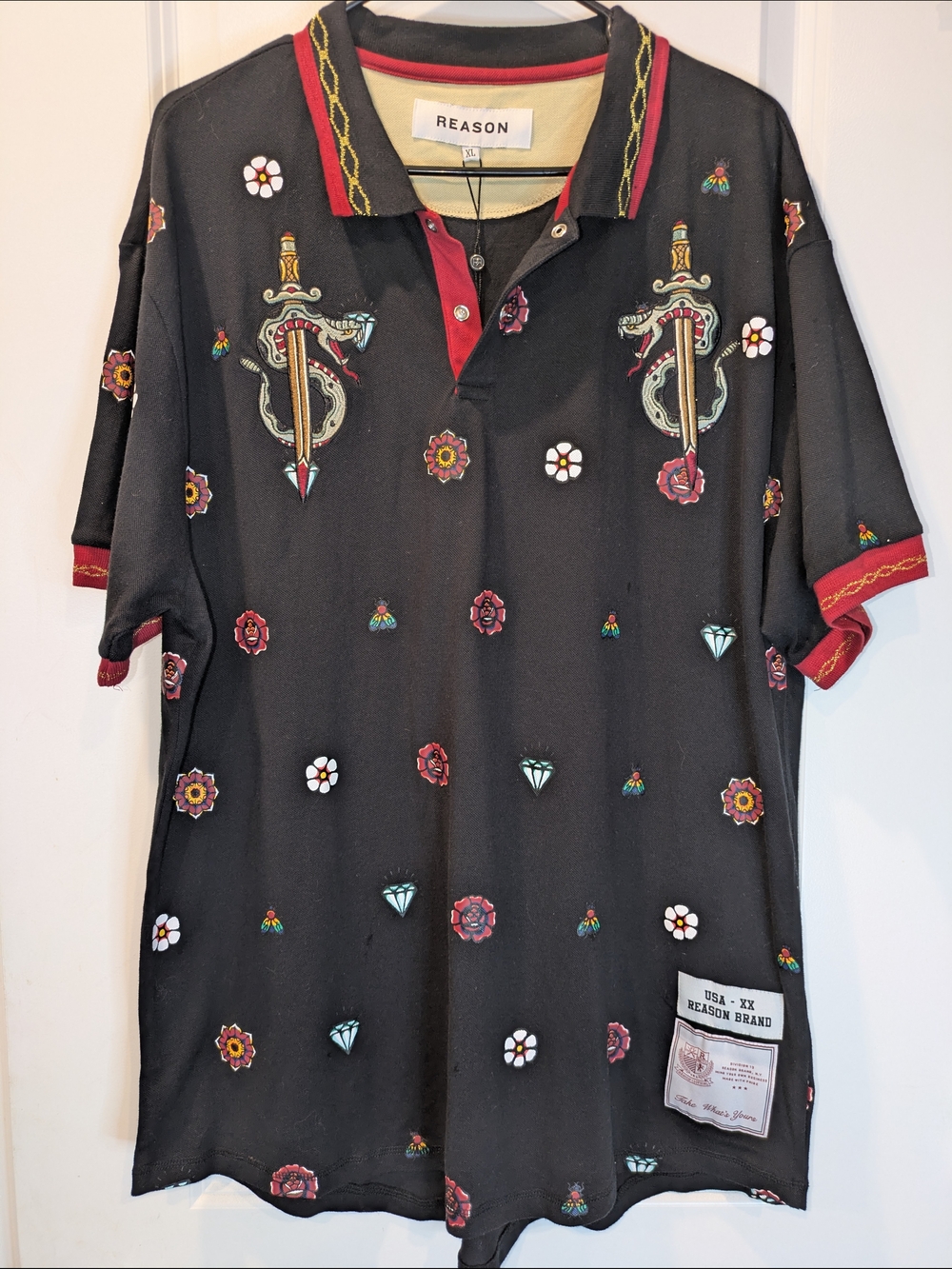 Reason Brand Polo Shirt XL NWT Black Embroidered Snake Dagger Streetwear